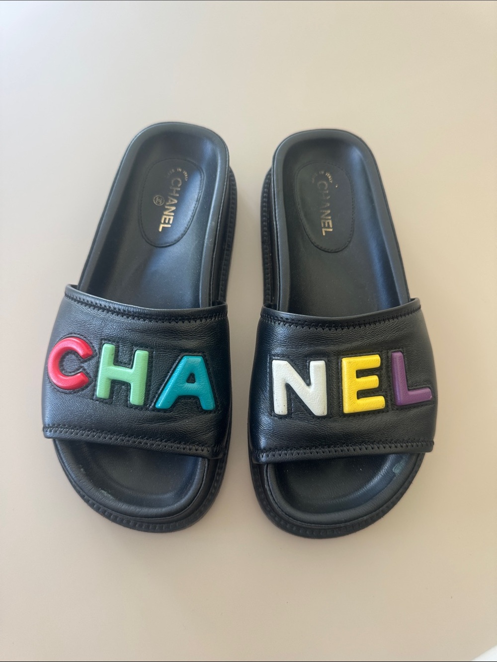 CHANEL Black Slide Sandals with Multicolor Lettering